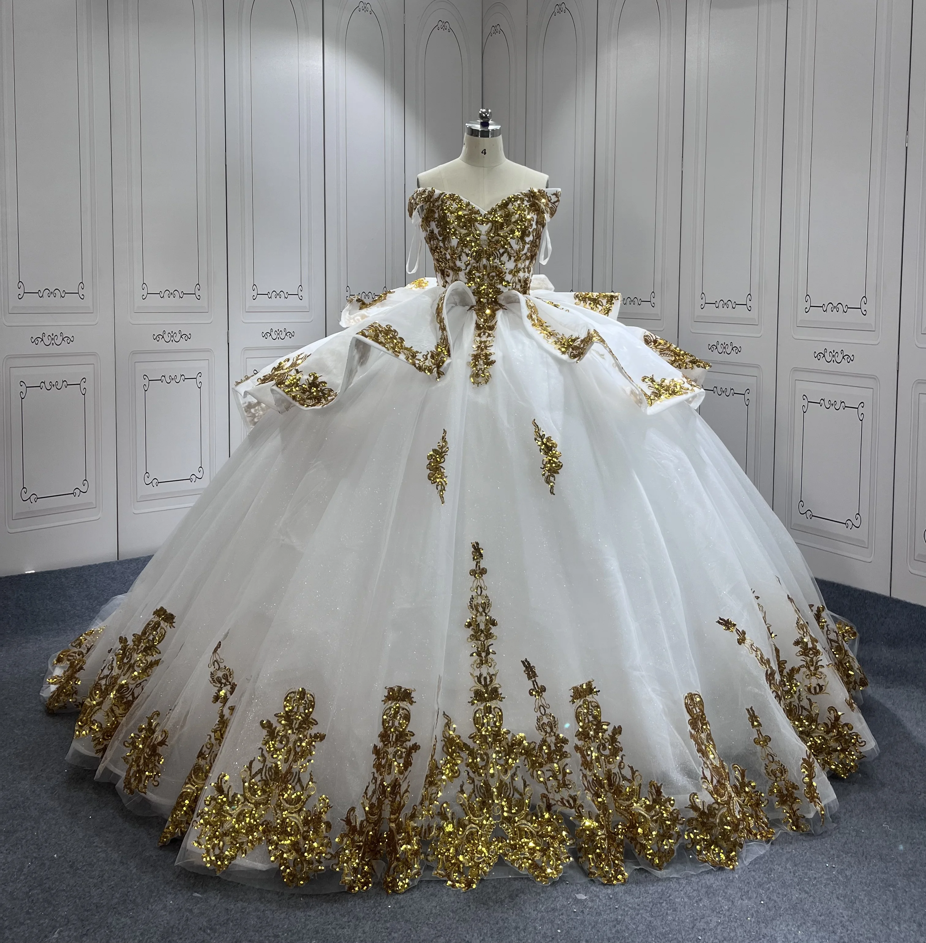 gold white quinceanera dresses Luxury White Ball Gold Ball gown with Long Sleeves, Gold Appliques, Lace Beads, and Tull