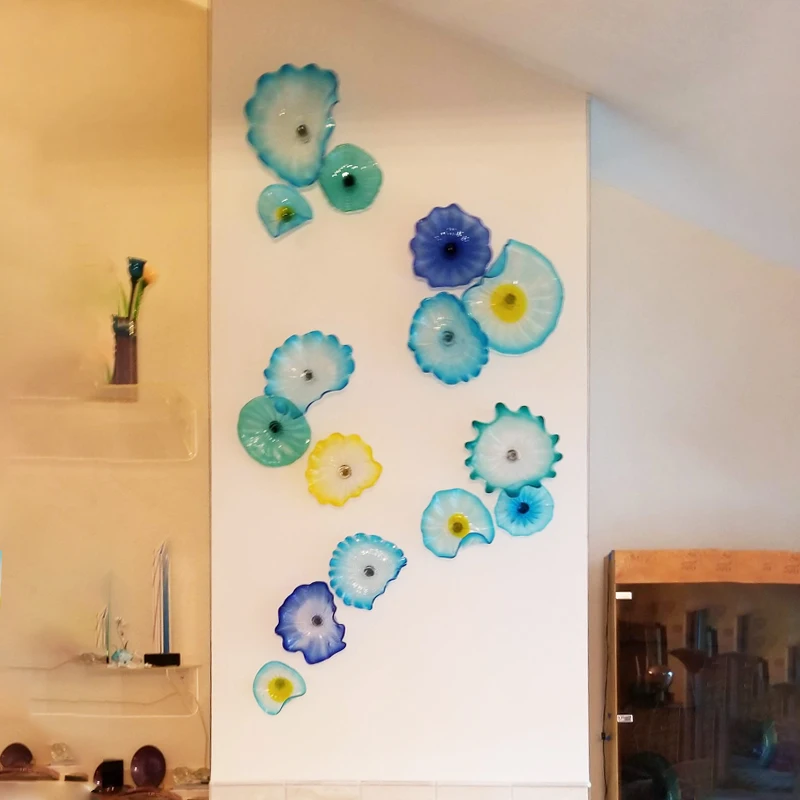 Ocean Hues Murano Flower Plates Wall Art Blue Shade Art Decor 100% Hand Blown Glass Hanging Plates Wall Art with Scallop Edge
