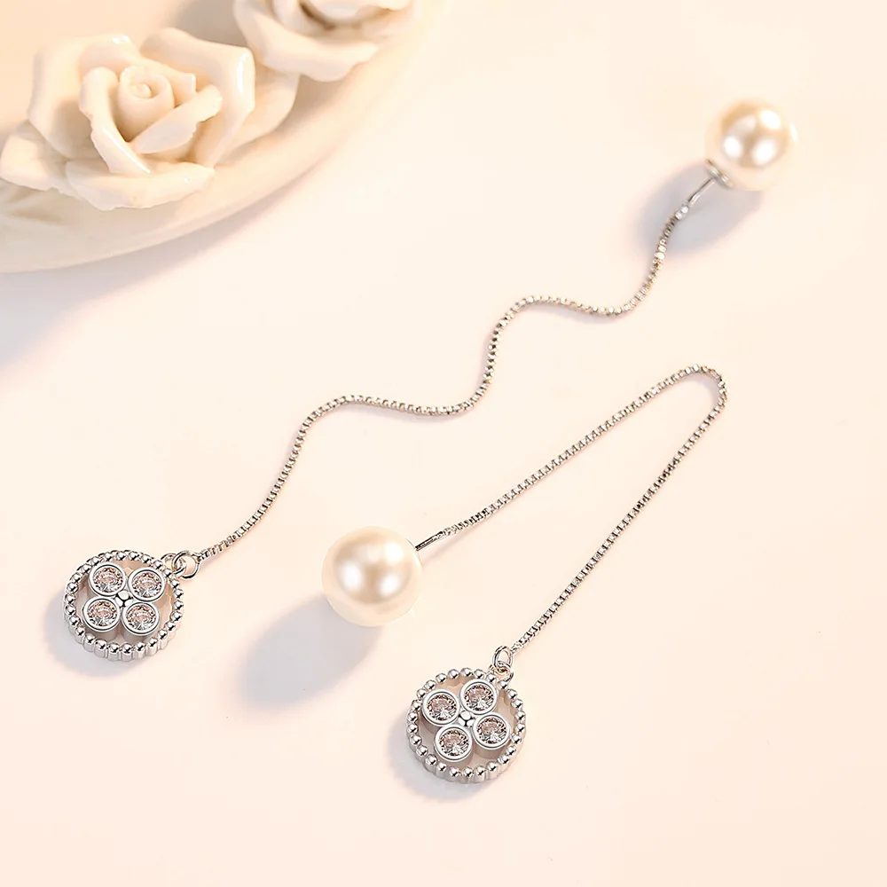 时尚风格长耳线锆石珍珠吊式耳环双面长挂珍珠吊坠耳环925银饰品