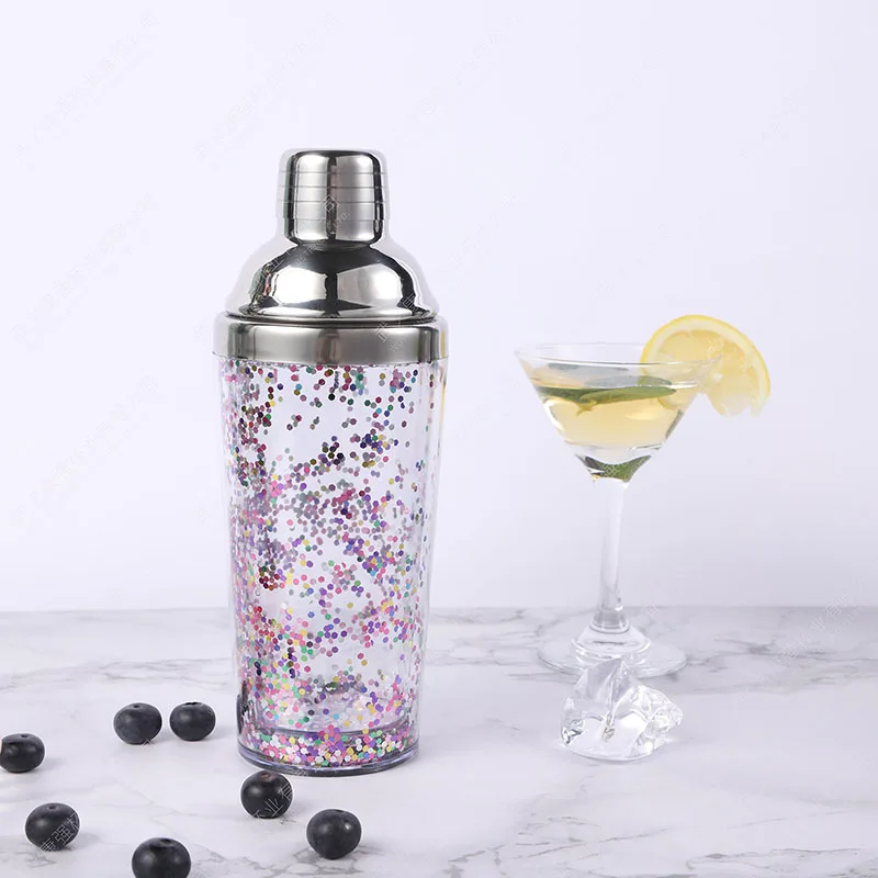 product creative fashion dual layer plastic stainless steel 450ml reusable durable cocktail shaker sparkle glitter wine boston shaker-5