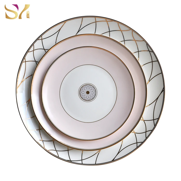 Wholesale Full Fine Pink Bone China Porcelain Dinner Plates 8inch With Gold Line Plant Pattern