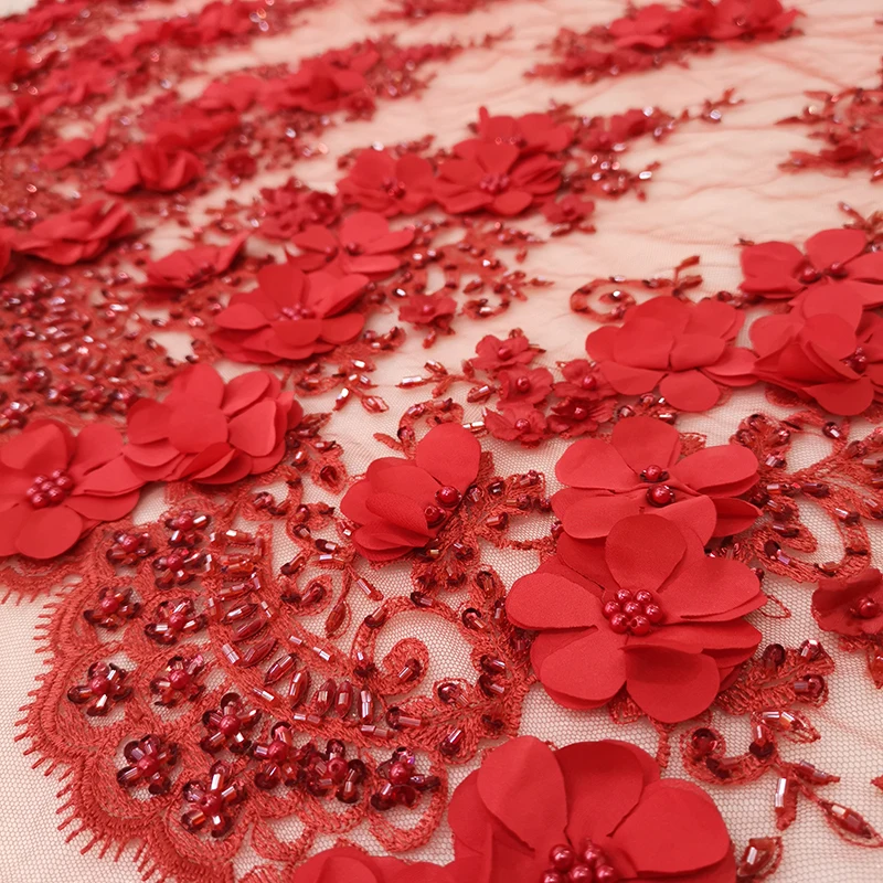 新款红色手工串珠刺绣薄纱蕾丝连衣裙面料