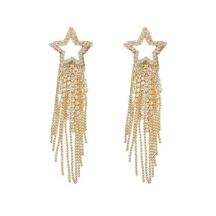 Korean Exaggerated Long Tassel Earring Bling Diamond Star Ear Nails Earring Temperament Crystal 925 Stud Earrings