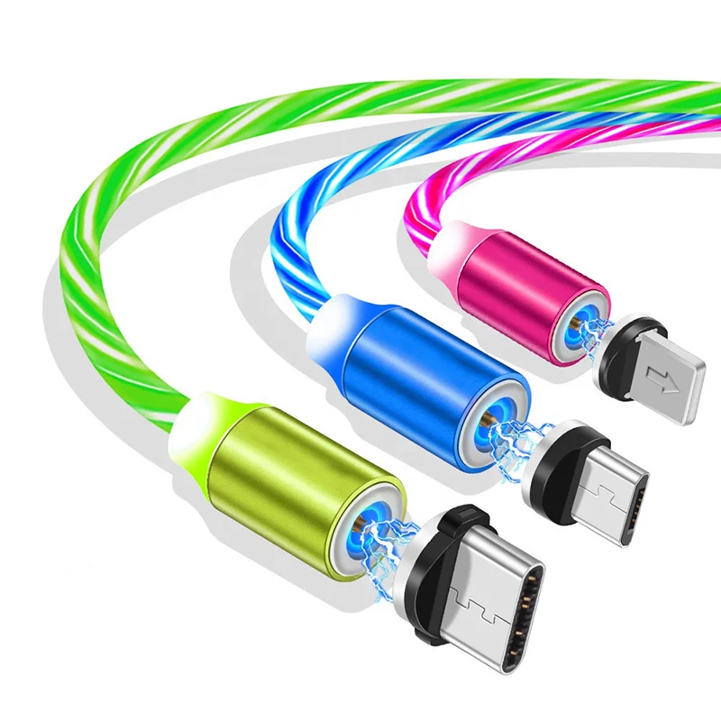 Amazon 3 in 1 LED Glow Flowing magnetic Charger usb led cable Micro USB Type C Charging all in one magnet Cable