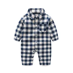 Spring Autumn 2020 baby leisure turn down collar one piece plaid climbing romper cute baby clothes for wholesale