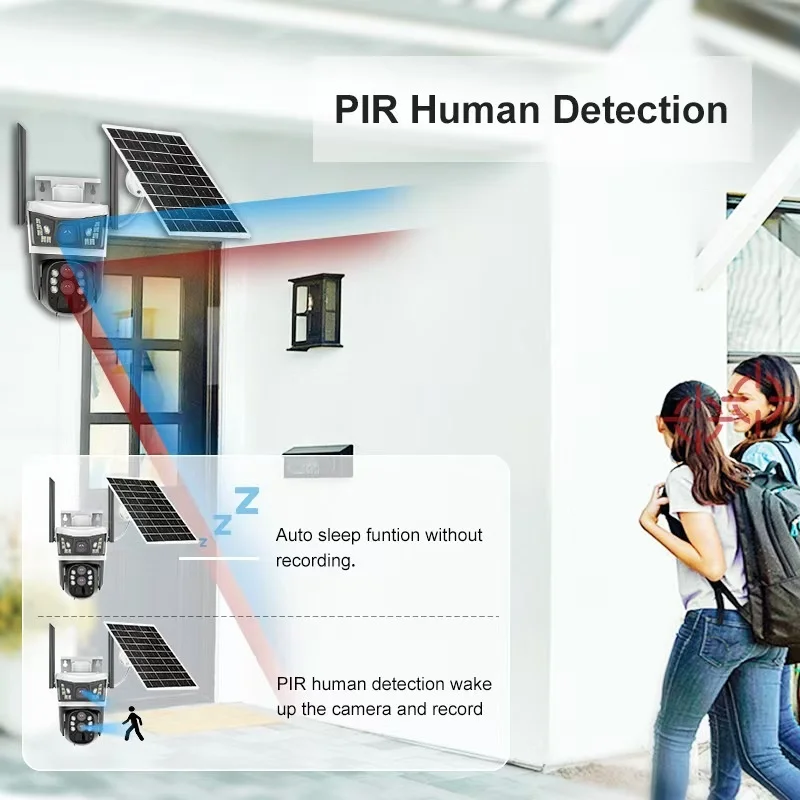 V380Pro Outdoor Solar Less Energy Cost 4MP HD Camera 3Lenses 10X Zoom 360 Night Vision Smart Detection Multi-function Cameras
