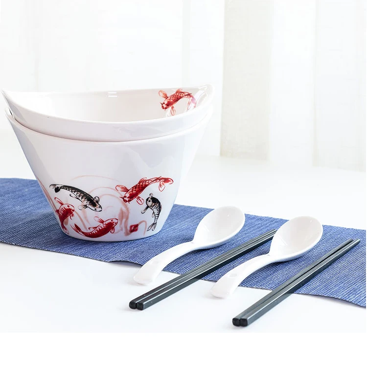32oz Japanese Koi Style Handpainted Porcelain Ramen Noodle Bowl With