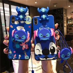 For iPhone 13 11 12 Pro Max 12 Mini Xs X 7 8 Funny Cartoon Stitch 3D Doll Holder Stand Strap Casing Cute Soft Case Cover