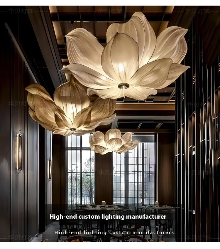 Chinese Style Duplex Stair Shape Flower Chandelier Hotel Dining Room Metal Villa Tea House Lotus Design for Living Room Middle details