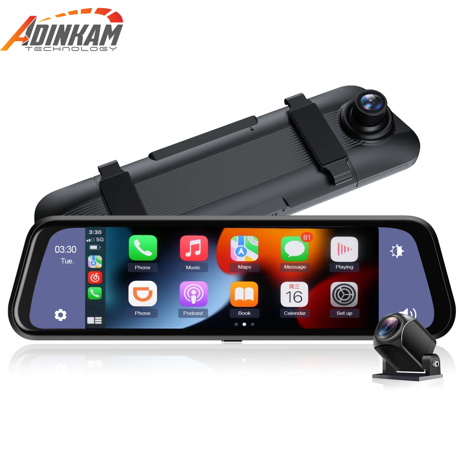 9.66" Rearview Mirror Dash Cam With Wireless Ios Carplay And Android