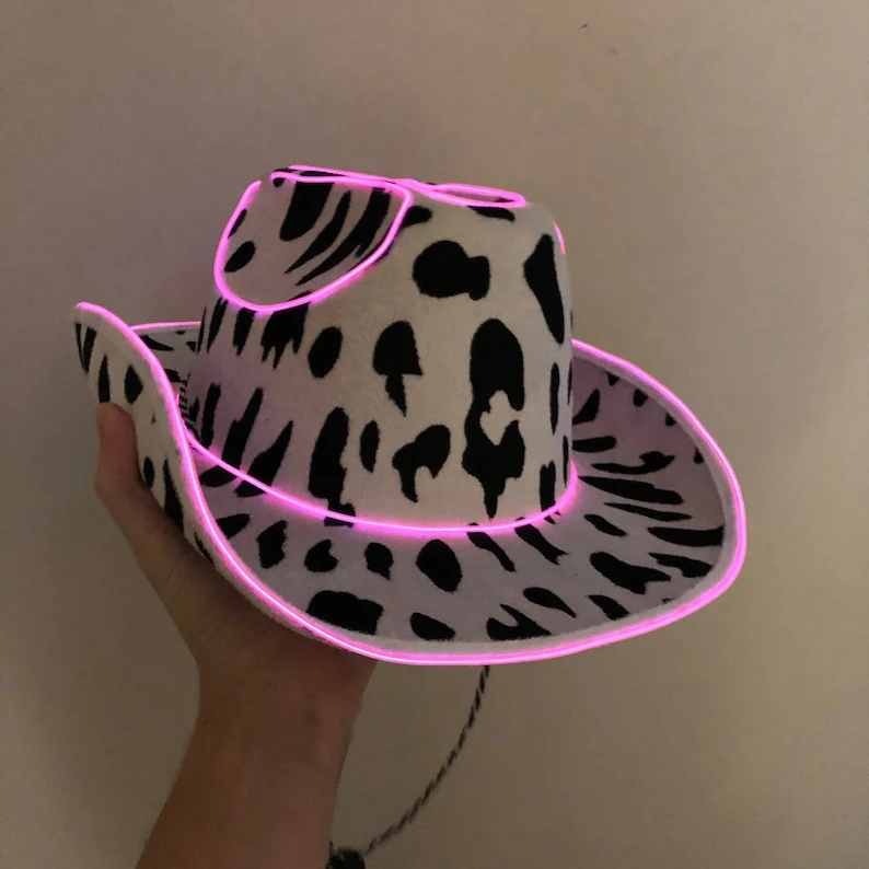 Neon Led Light Up Cowboy Hat Fun Cow Print Hat Unisex Black And White