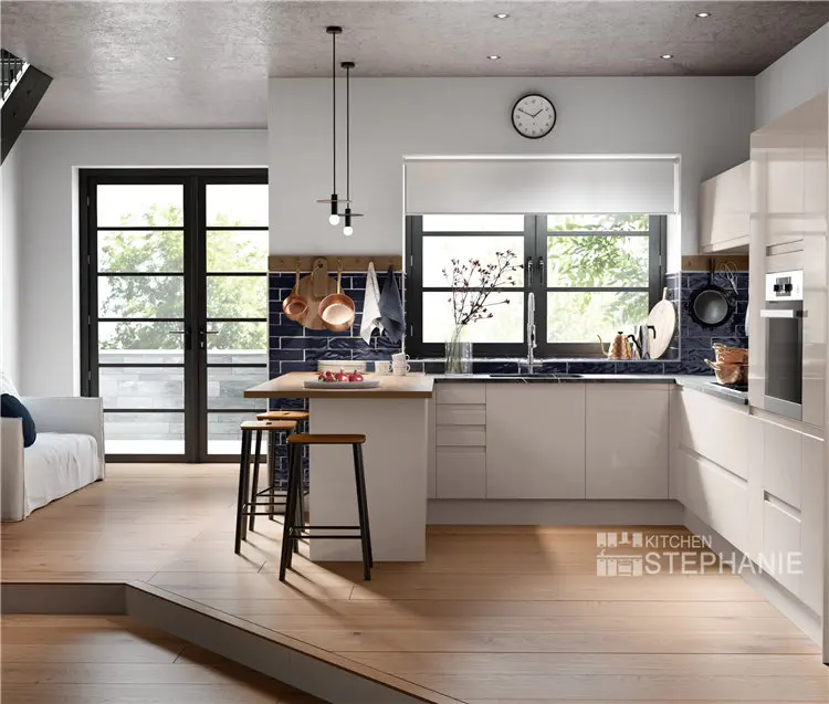 mordern simple glossy kitchen designs for villa, plywood mike white acrylic kitchen cabinet