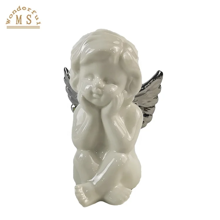 porcelain Shiny Xmas Angel figurine candle holder for home decoration White lovely pray cupid sculpture gift memorial statue