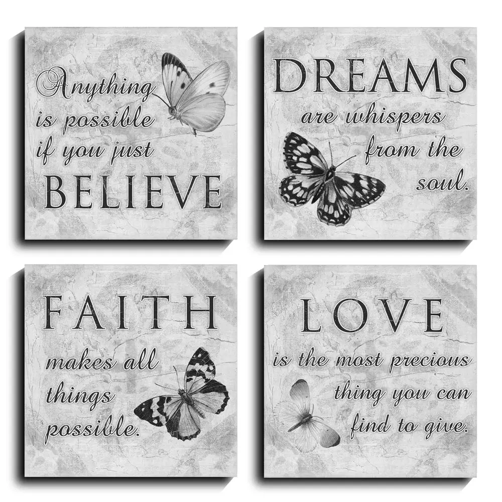 Inspirational Butterfly Wall Art 4 Panels Grey Canvas Print Decor