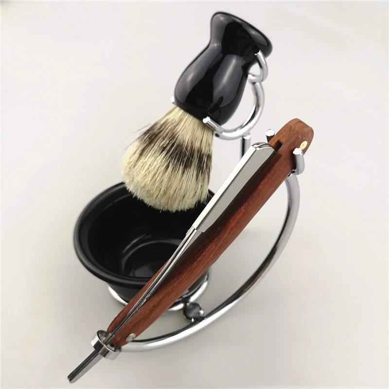 New Shave Wooden Box Kit Men Wood Handle Straight Razor Sets Leather