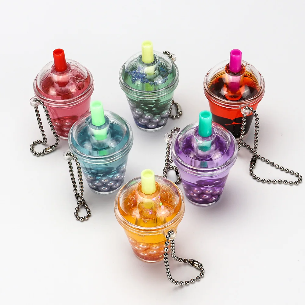 Factory Stock Liquid Filled Keychain Bubble Pearl Milk Tea Cup