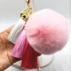 New Women 3 Tassel 8cm Rabbit Fur Fuzzy Ball Pompom Keychain Bag Big Charm Key Ring