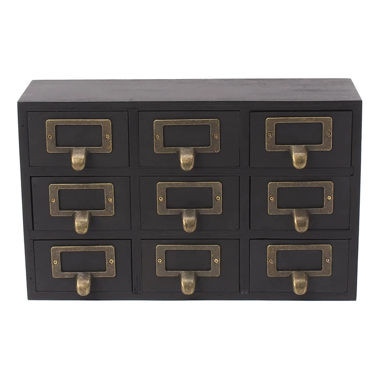 PHOTA Rustic 9 Drawers Desktop Solid Wood Apothecary Drawer Set with Metal Label Holders