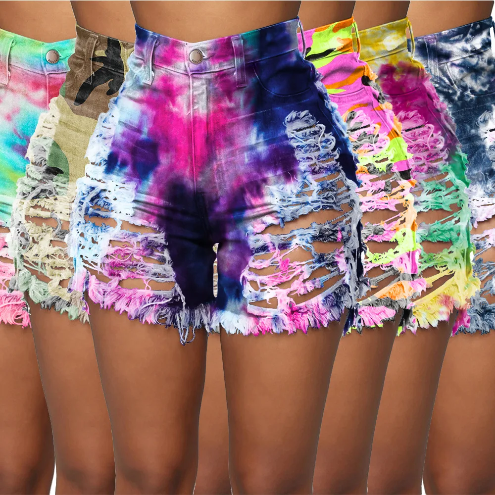 

JY032 2021 Summer plus size woman tie dye ripped jean shorts casual sexy women shorts jeans