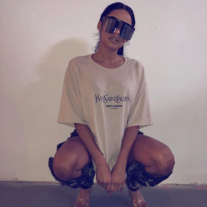 
8055 Women Cotton Fabric T-Shirts Women High Quality Long Tees Female Streetwear Casual Loose Tops Letter print tshirt Wholesale 