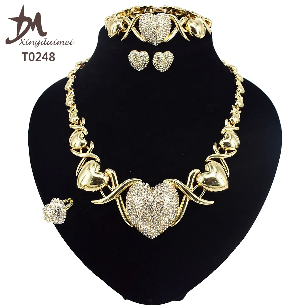
T0248 Wholesale New Design 18K gold plated X diamond big heart jewelry set 