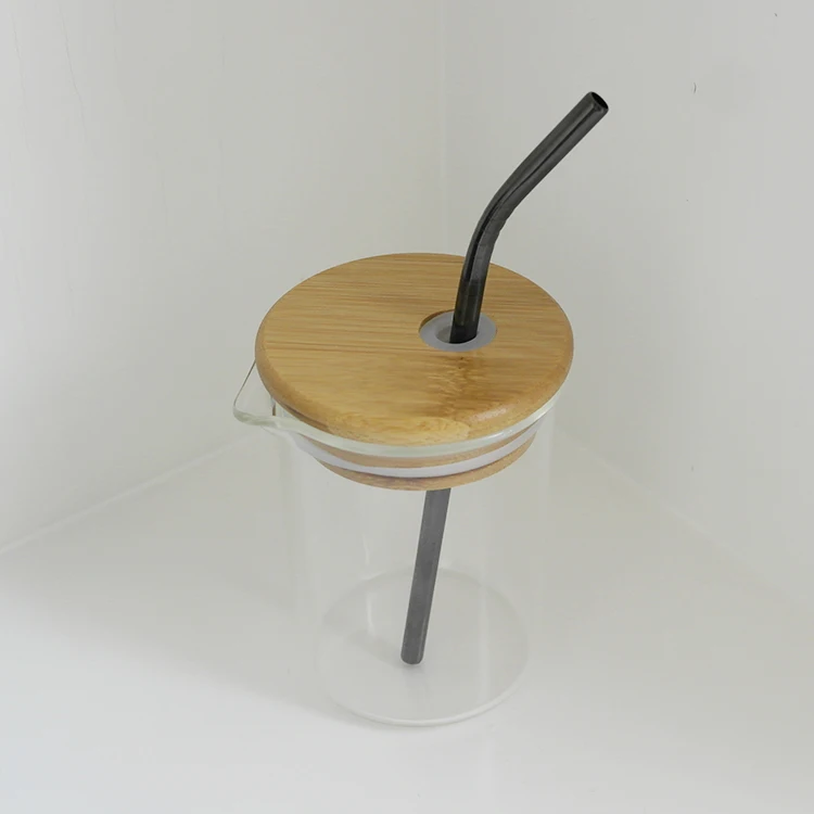 Laboratory Glass Beaker With Bamboo Lids And Stainless Steel Straws Set