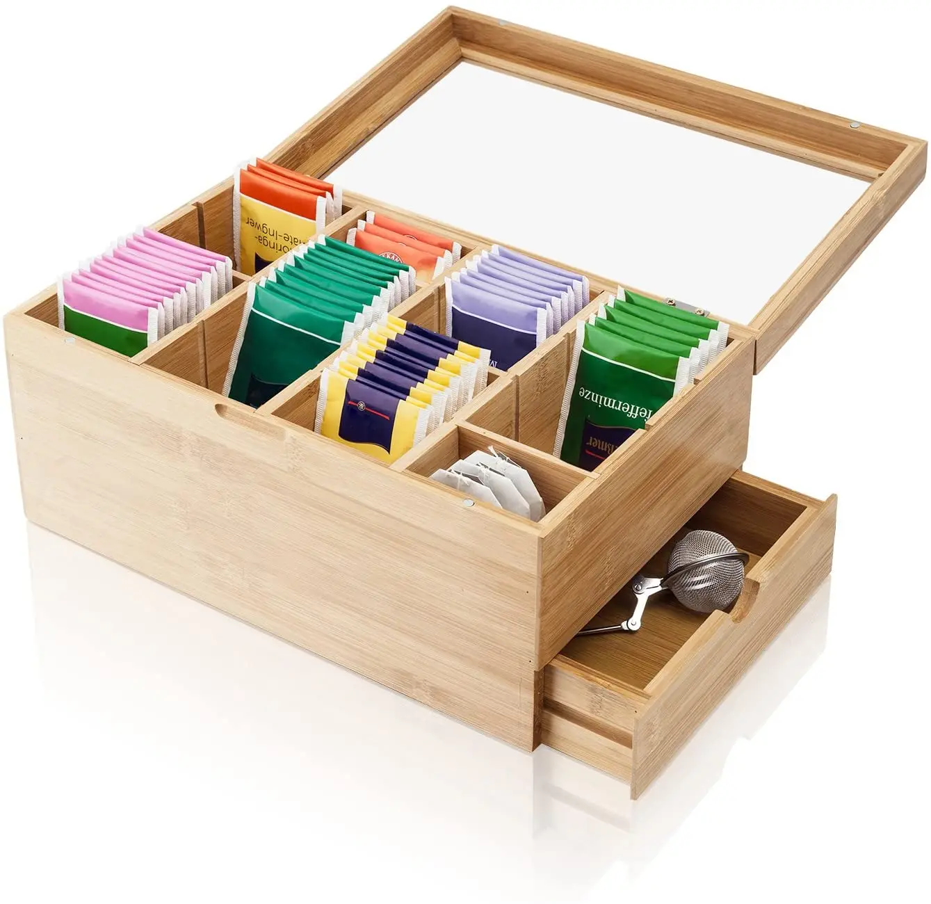 Bamboo Tea Box Wooden Tea Chest With 8 Dividers And Drawer For Storing