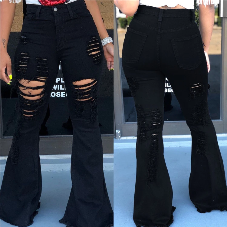 Fashion Streetwear Black Washed Ripped Bell Bottom Jeans Women Pants ...