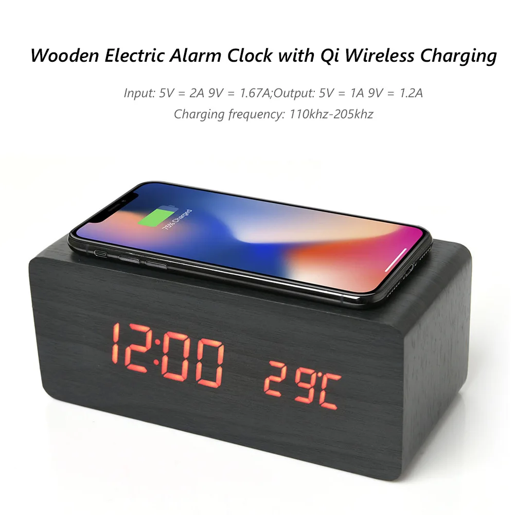 Wooden 5w Digital Alarm Clock Phone Wireless Charger 3 Alarms Led