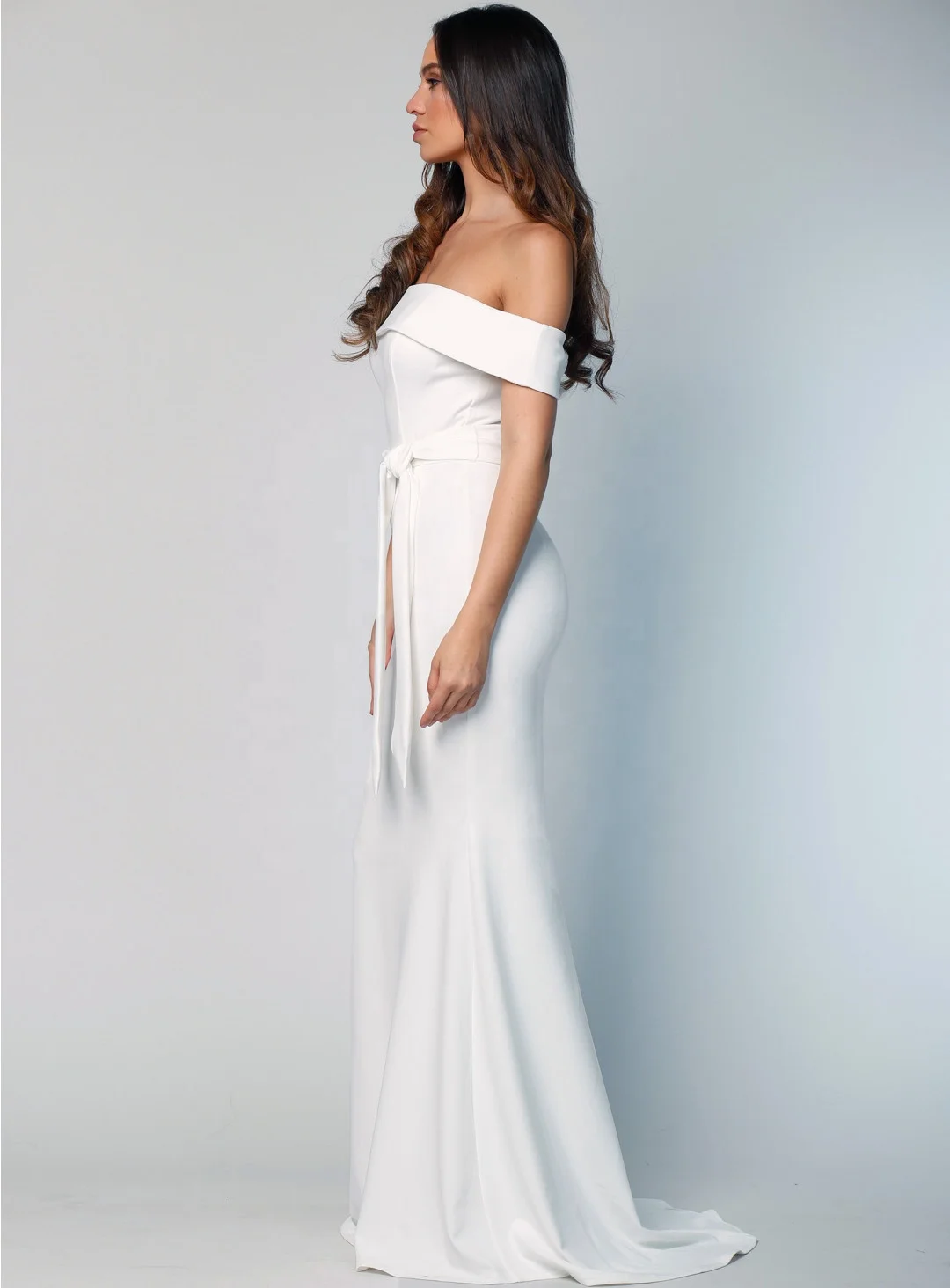 紧身露背新款欧美露肩修身礼服白色性感bodycon女士晚礼服配可拆卸