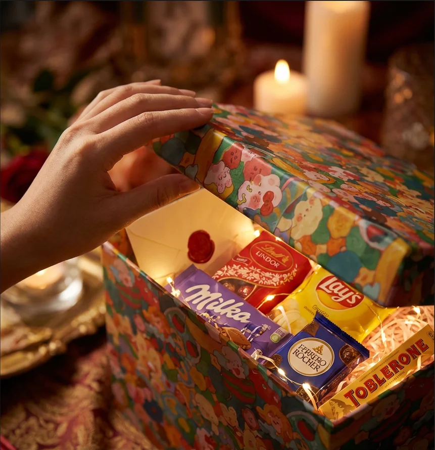 Unboxing · caja abierta con snacks premium