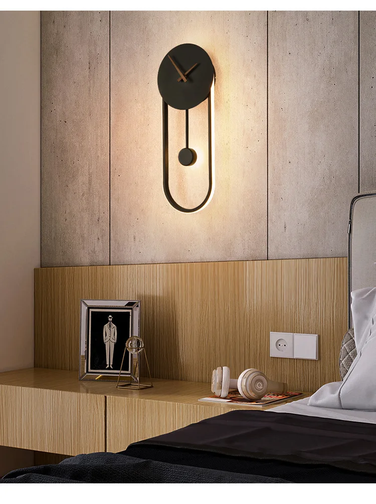 product design model clock bedroom bedside wall lamp living room backdrop led wall light match black and gold iron 220v 90 modern round-4