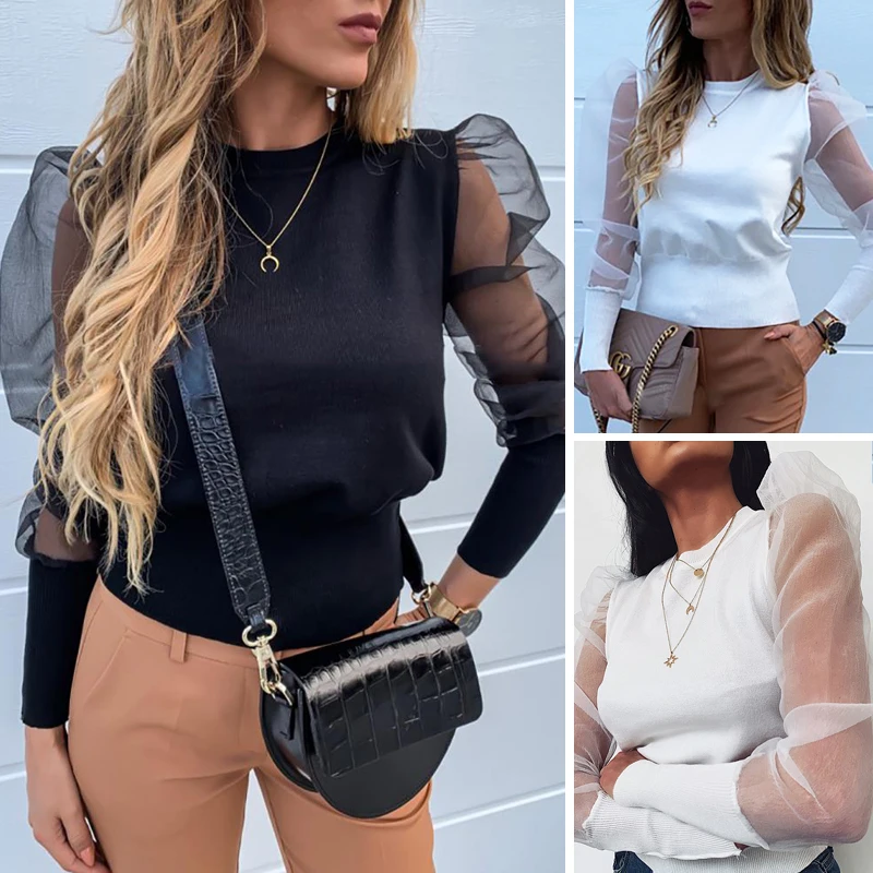 Modis damskie przezroczyste seksowne białe bluzki Mesh Sheer Moda 2020 kobiet O Neck bluzki Mesh Tulle koszule z falbanką