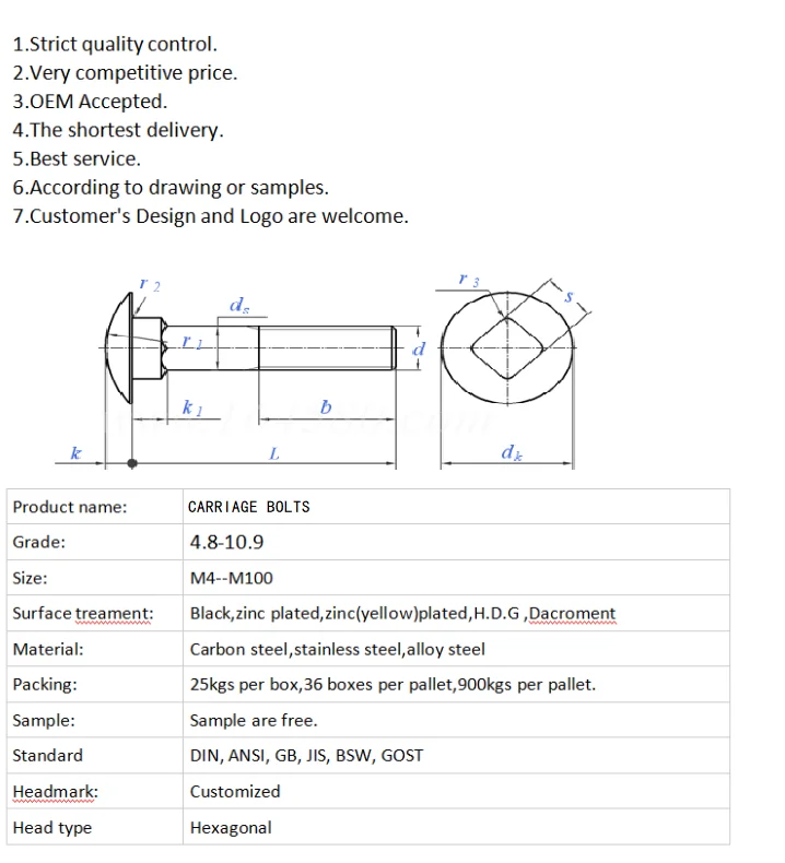 Din603 M10 M12 M16 Square Neck Carriage Bolt - Buy Din603 Square Neck ...