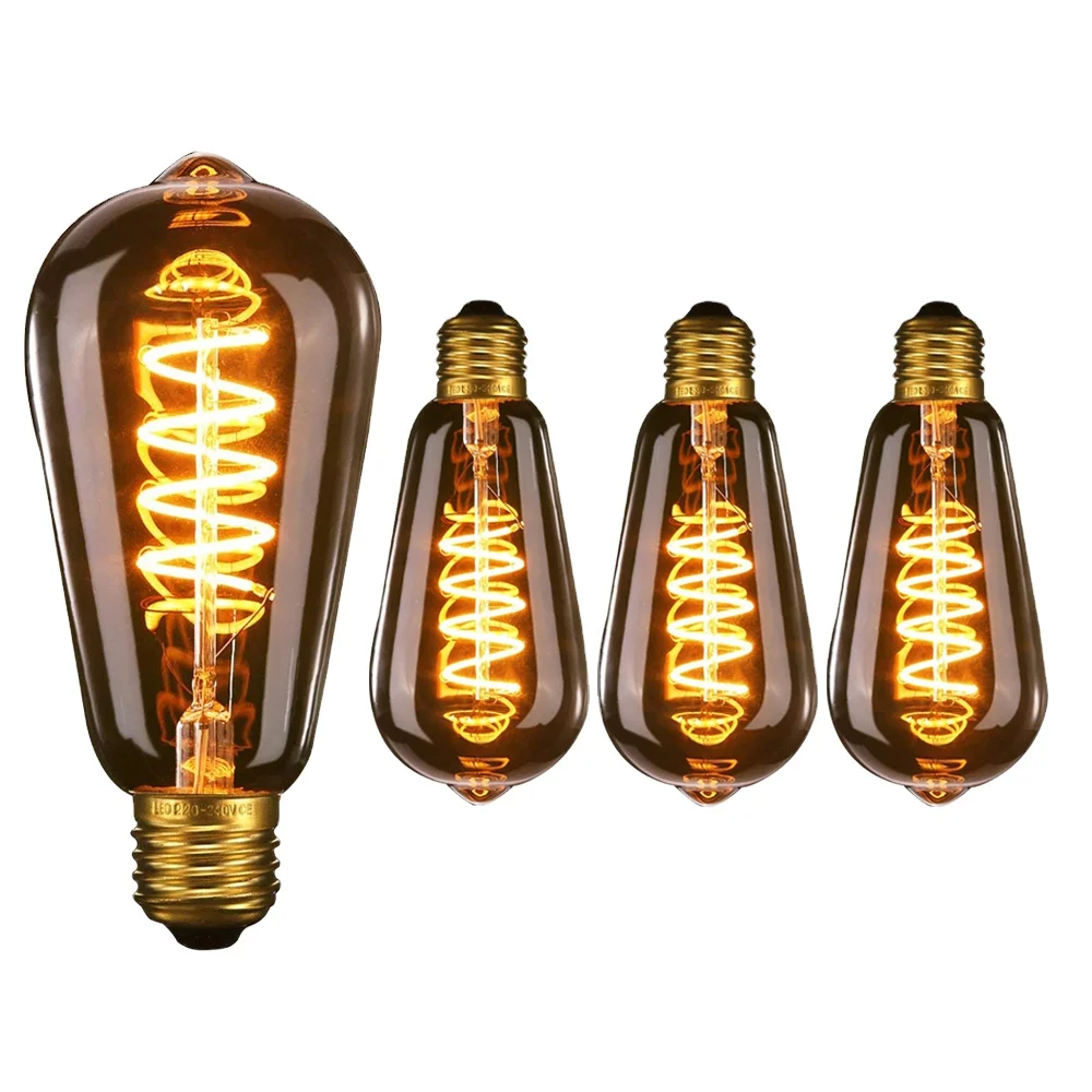 ST64 Retro Edison Spiral Led Light Bulb E26 110V Lamps 3W E27 Filament Amber Glass 2200k Dimmable Decorative Globe Bulb