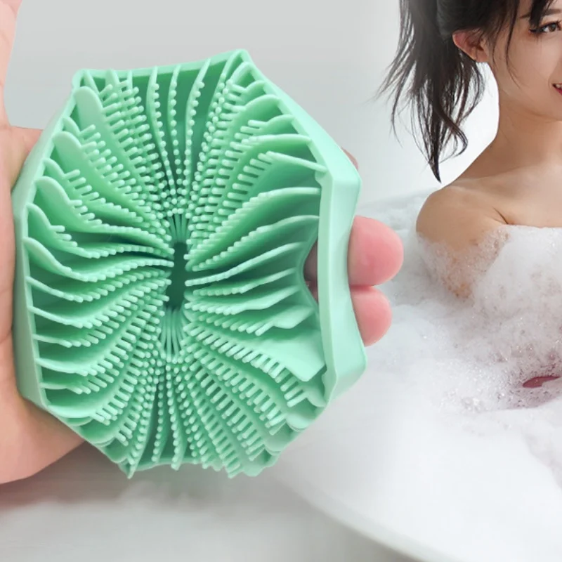 Upgrade Multifunction Hexagon Silicone Exfoliating Body Scrubber Wet & Dry Bathing Brush with Handle Strap & Loop for Showering manufacture
