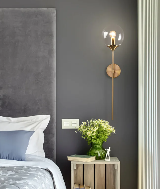 modern factory golden LED indoor wall lights bedroom glass ball shade metal wall lamp