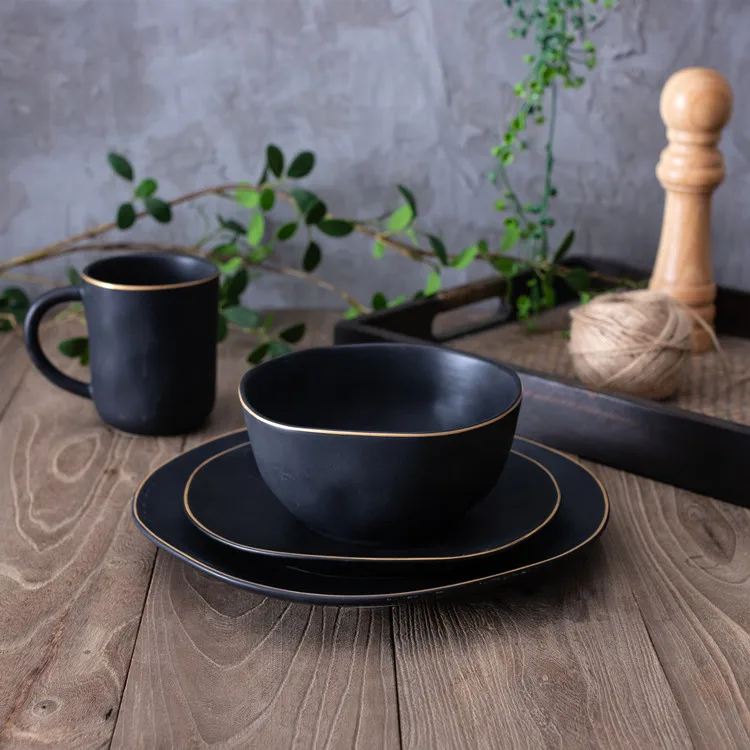 elegant matte black porcelain kitchen plates set dinner luxury dinnerware sets with golden rim  .jpg