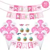 Pink birthday party decoration cake topper banner shark balloon