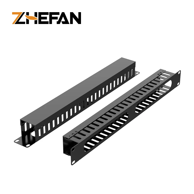 Horizontal 1U metal cable management bar mounted behind patch panel in server rack