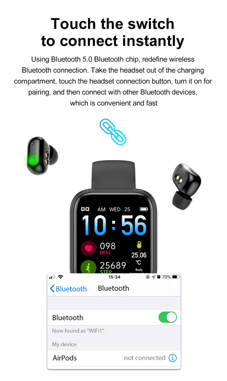 Newest 1.54inch BT Calling Smart Bracelet Gold Black X5 TWS Dual Earphones 2 in 1 Smart Fitness Tracker Watch