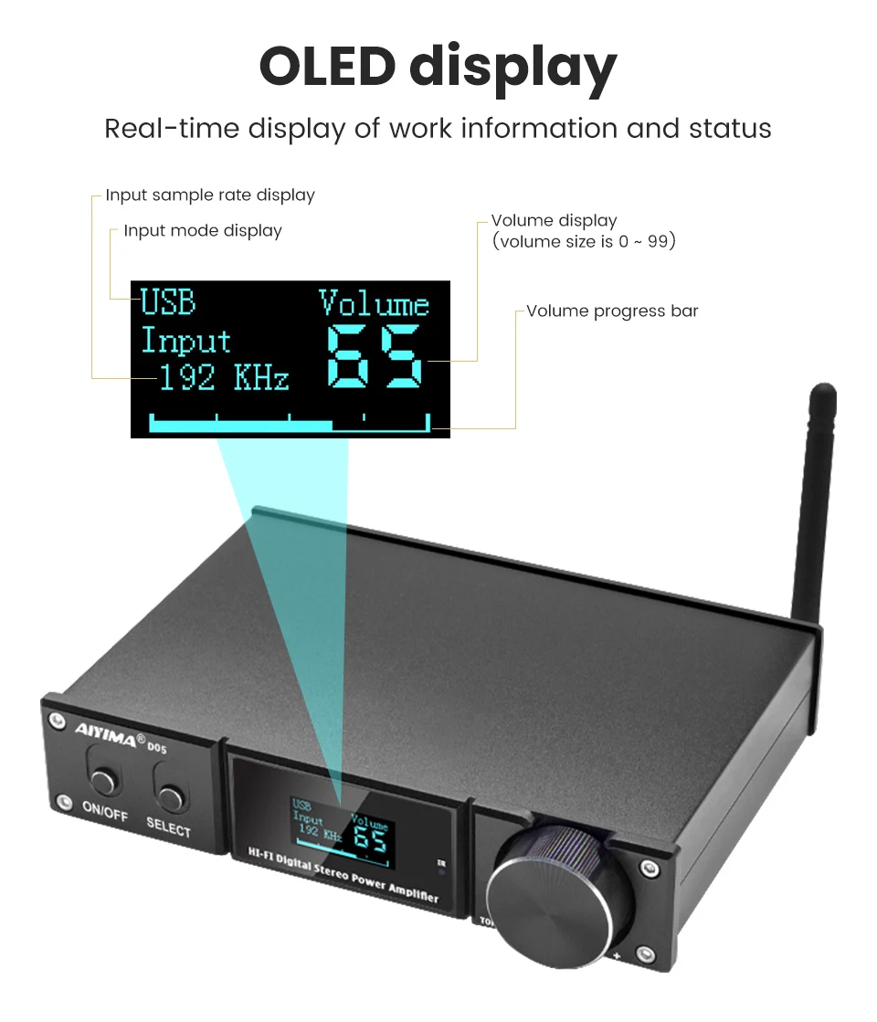AIYIMA D05 2.1CH APTX 120wx2 BT 5.0 Power Amplifier DAC Subwoofer Amp