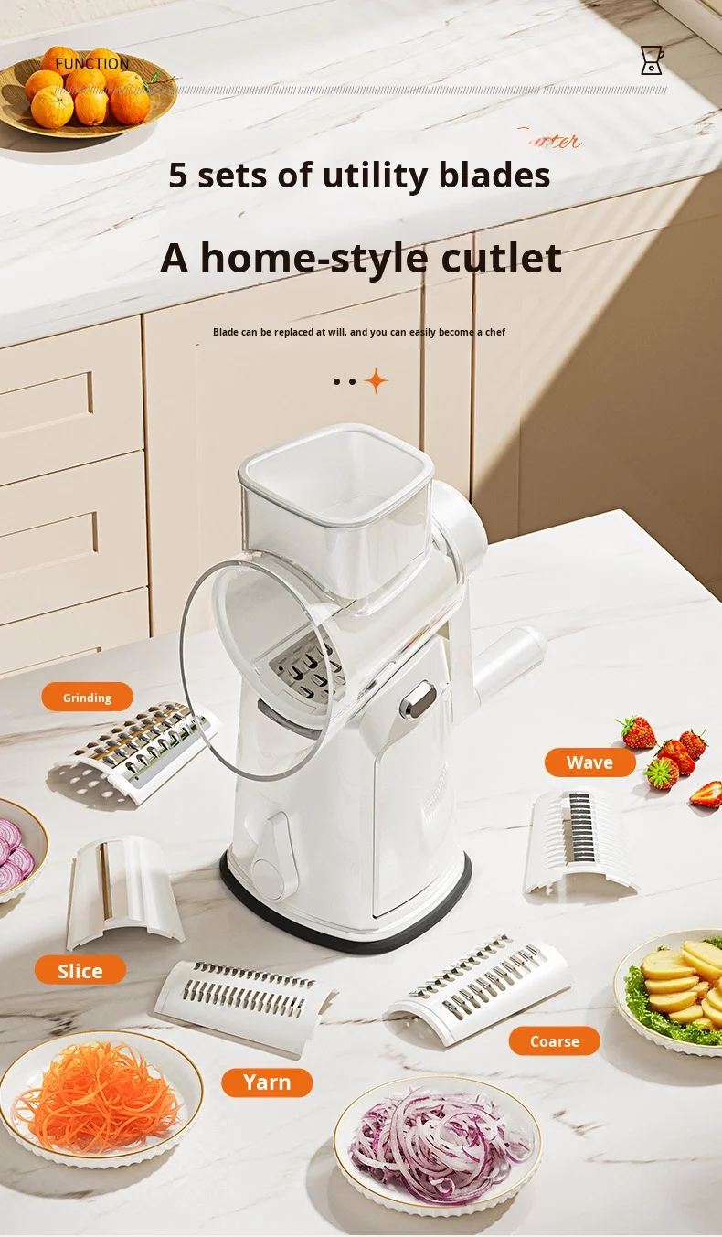 Multifunctional PP Drum Vegetable Slicer Hand-Cranked Fruit/Vegetable Tool with Multiple Blade Heads Safe Usage