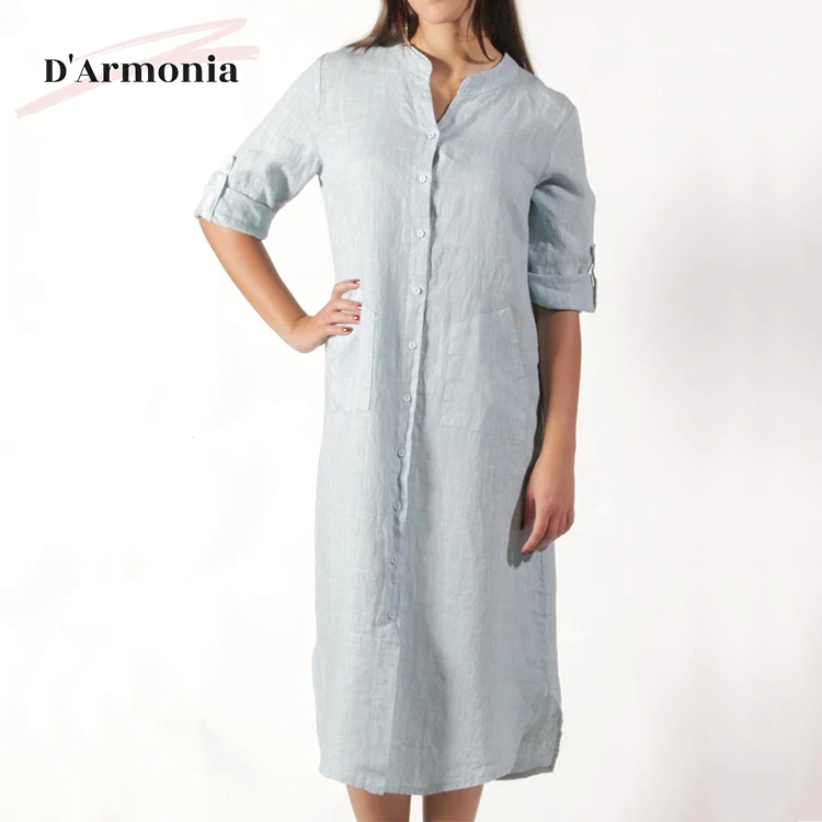 Latest Half Sleeve Linen Dress From Italy Silm Solid Color Dress For