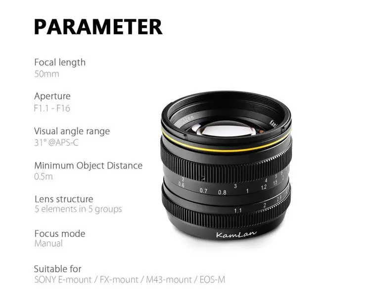 Kamlan 50mm F1.1 Aps-c Large Aperture Manual Focus Lens For Canon Eos-m Nex  Fuji X M4/3 Mount Camera For Mirrorless Cameras - Buy Kamlan 50mm F1.1  Aps-c Large Aperture Manual Focus Lens,Manual