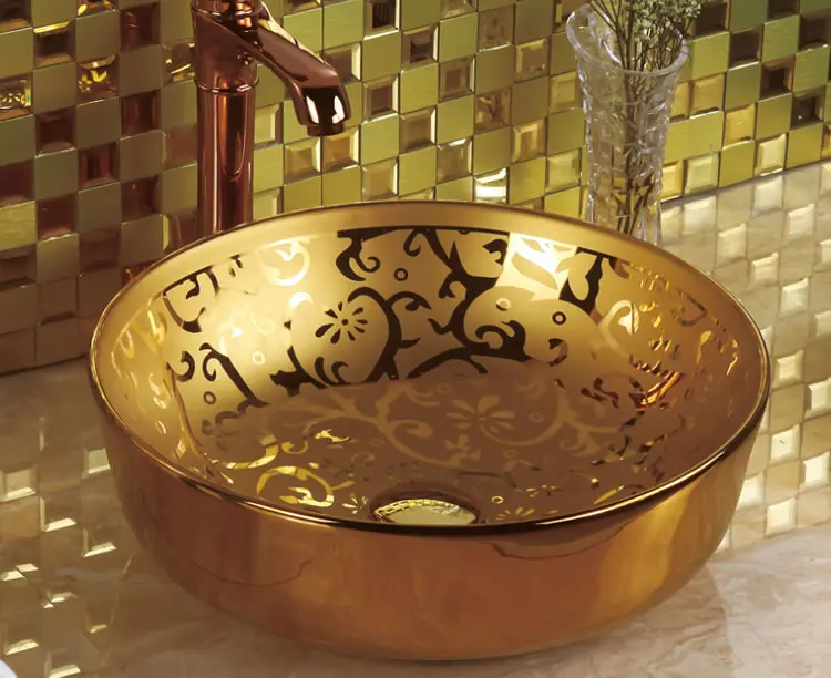 Middle East Style Round Flat Flower Decal Designs Counter Top Sink Ceramic  Golden Art Wash Hand Basin