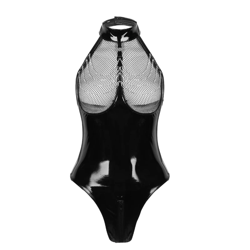 Iefiel Sexy Womens Latex Leather Bodysuit One Piece Halter Neck Zipper