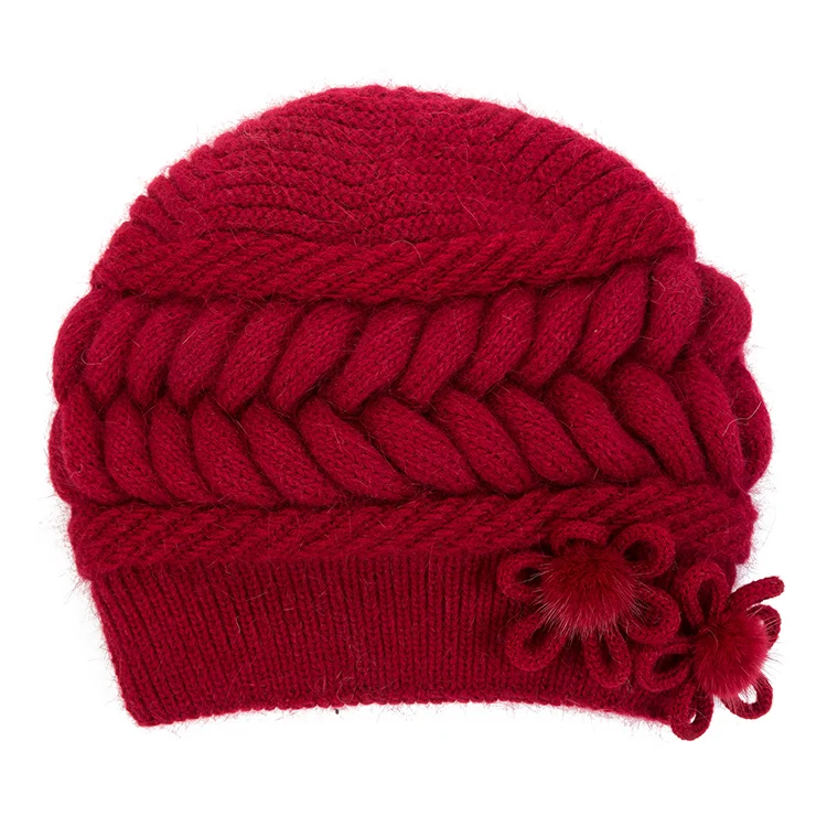 China Wholesale Ladies Elasticity Twist Design Wire Cap Beanie Warm Winter Flower Small Pompom Knitted Hat