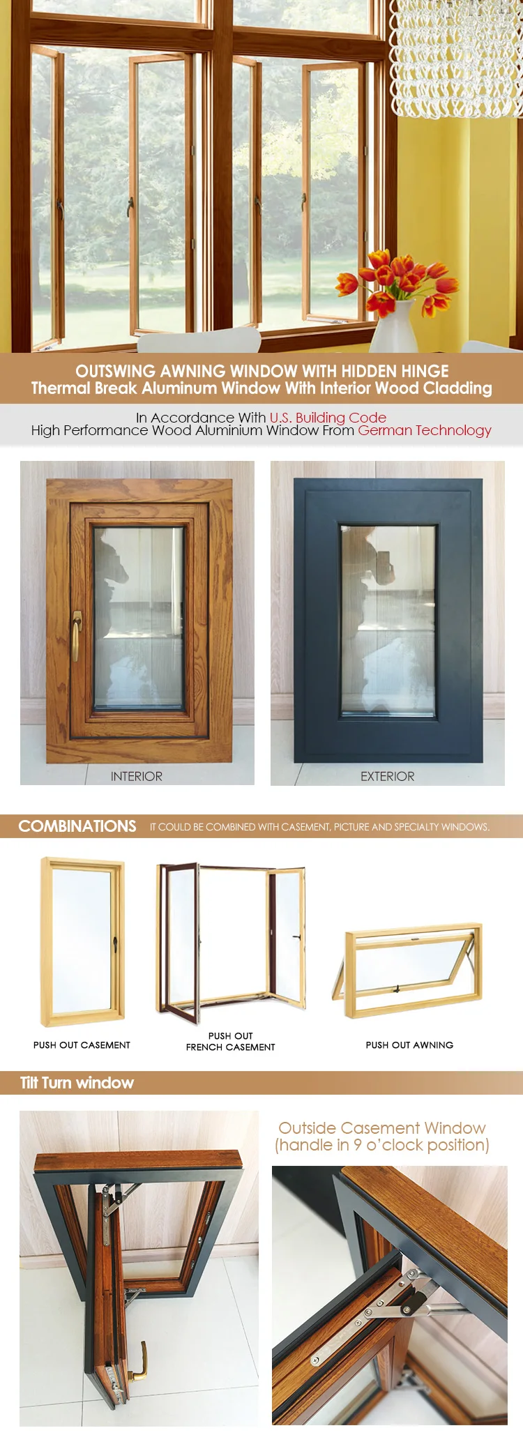 Germany origin brand the newest outward opening aluminum clad wood  casement old wood windows for sale
