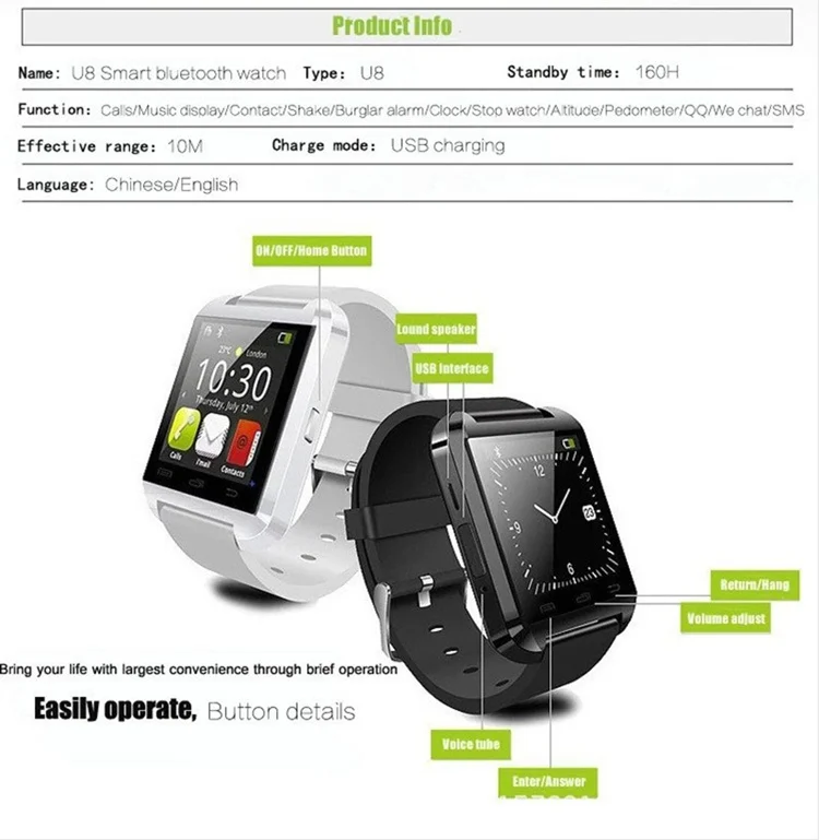 2019 Pedometer U8 Smart Watch for iPhone/Android, Multi Languages BT Smart Watch U8, Multi Functions U8 Smart watch